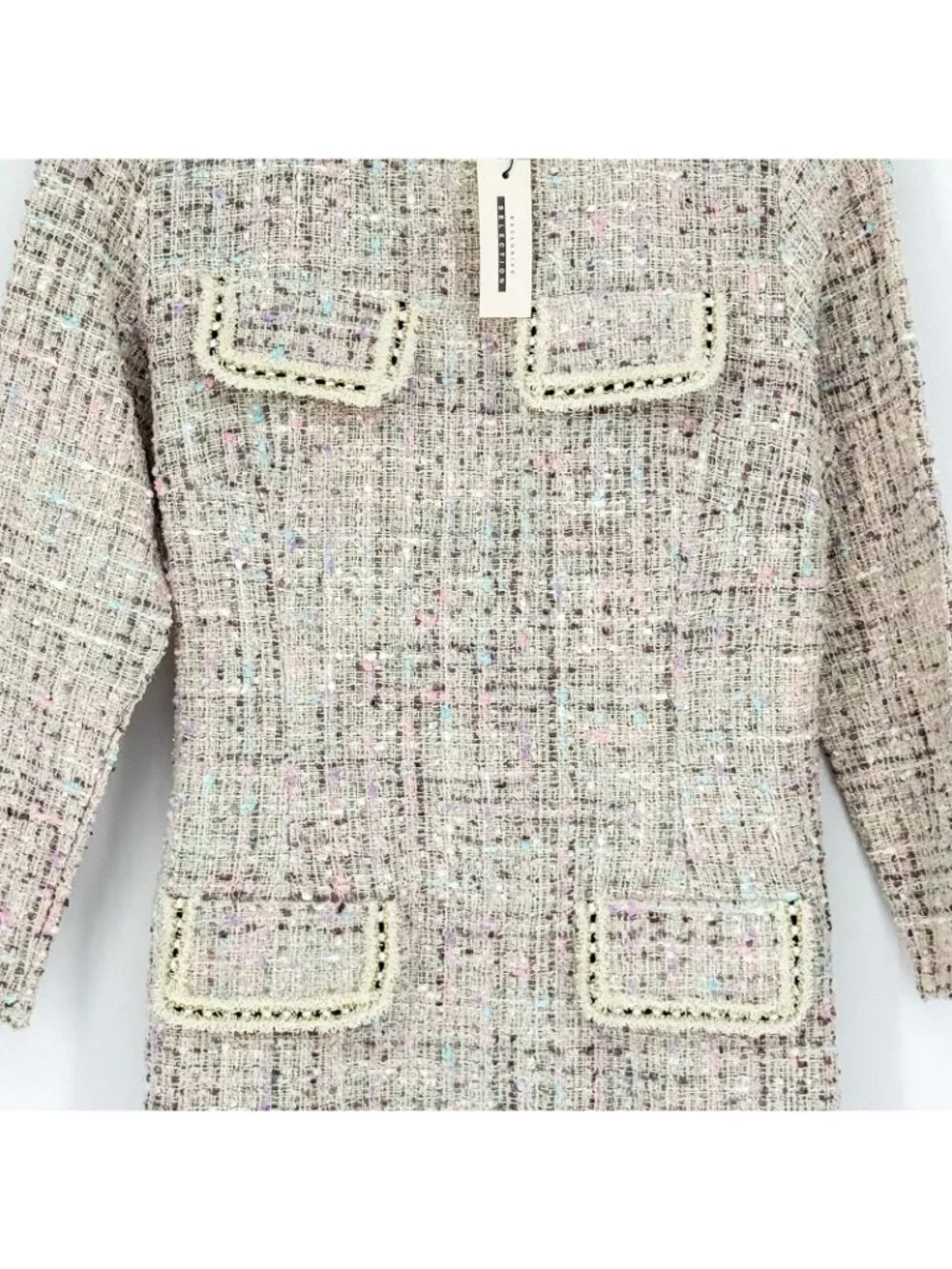 CBR Chic Boutique Tweed Dress Women’s XL Long Sleeve Textured Cream Multi Pocket